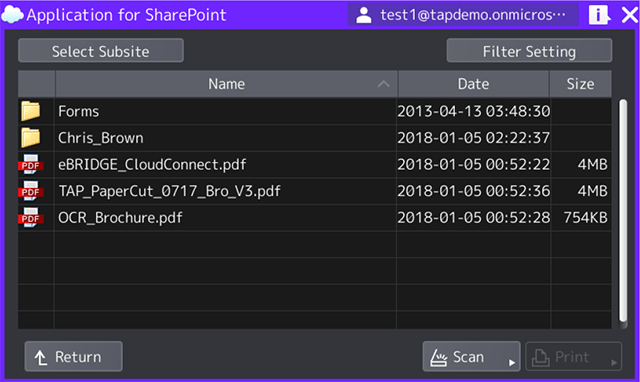 Access your SharePoint online site and folders to scan with metadata and direct print 