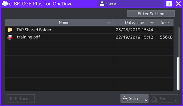 Browse your OneDrive folders for scan and print
