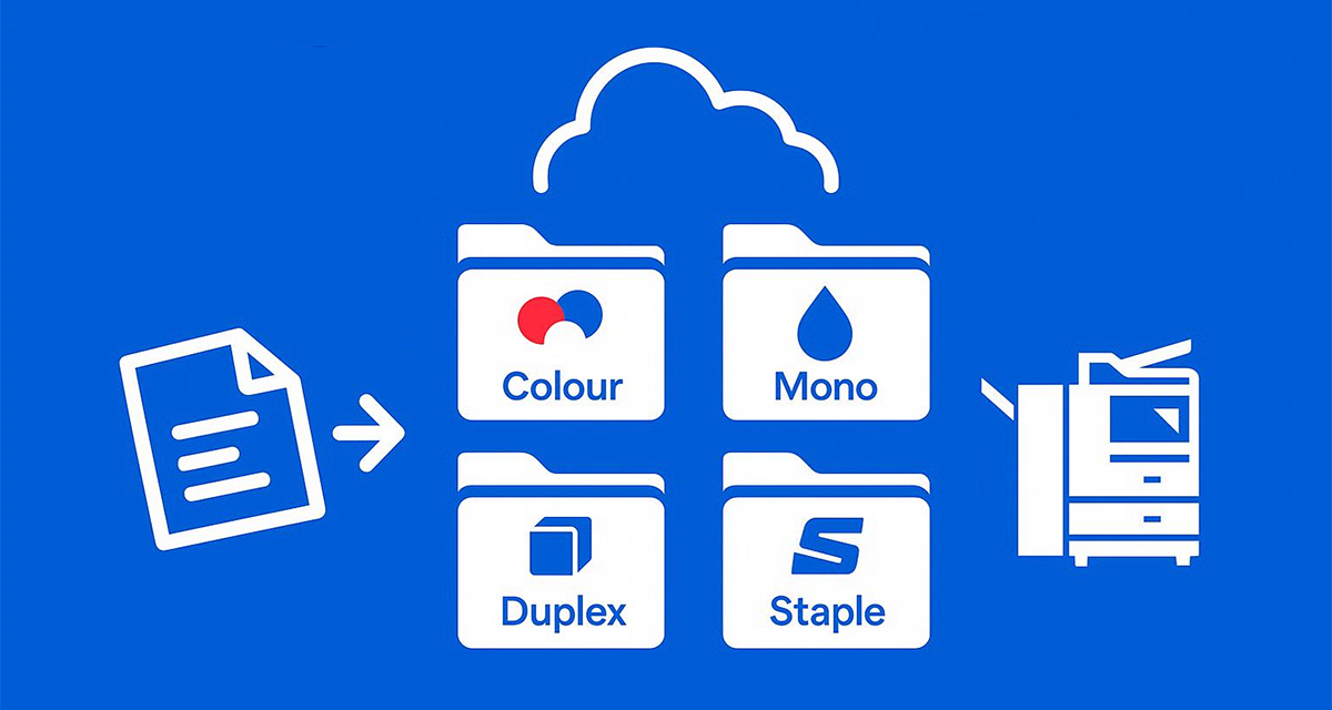 Drop documents in your cloud folder to print at the office MFD